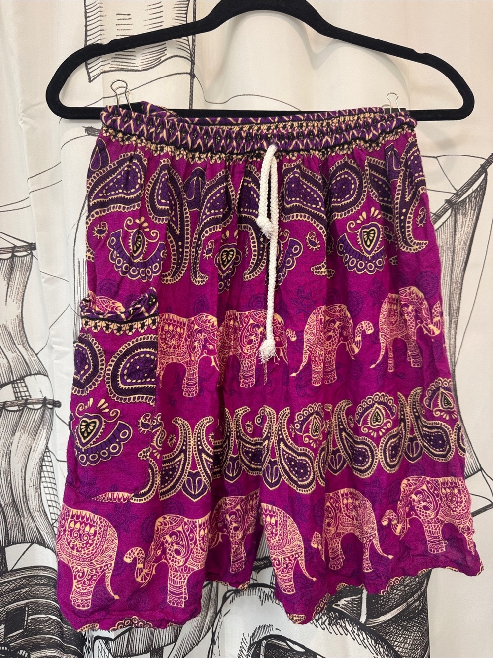 Boho Purple Elephant Print Elastic Waist Shorts
